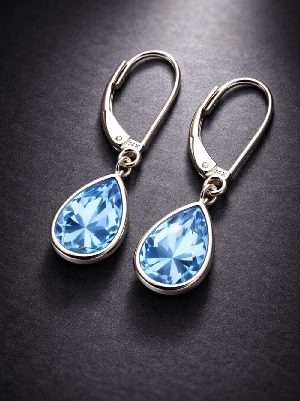 14K White Gold Blue Topaz Pear Bezel Leverback Earrings XRF Auth Fine Jewelry - Picture 3 of 12